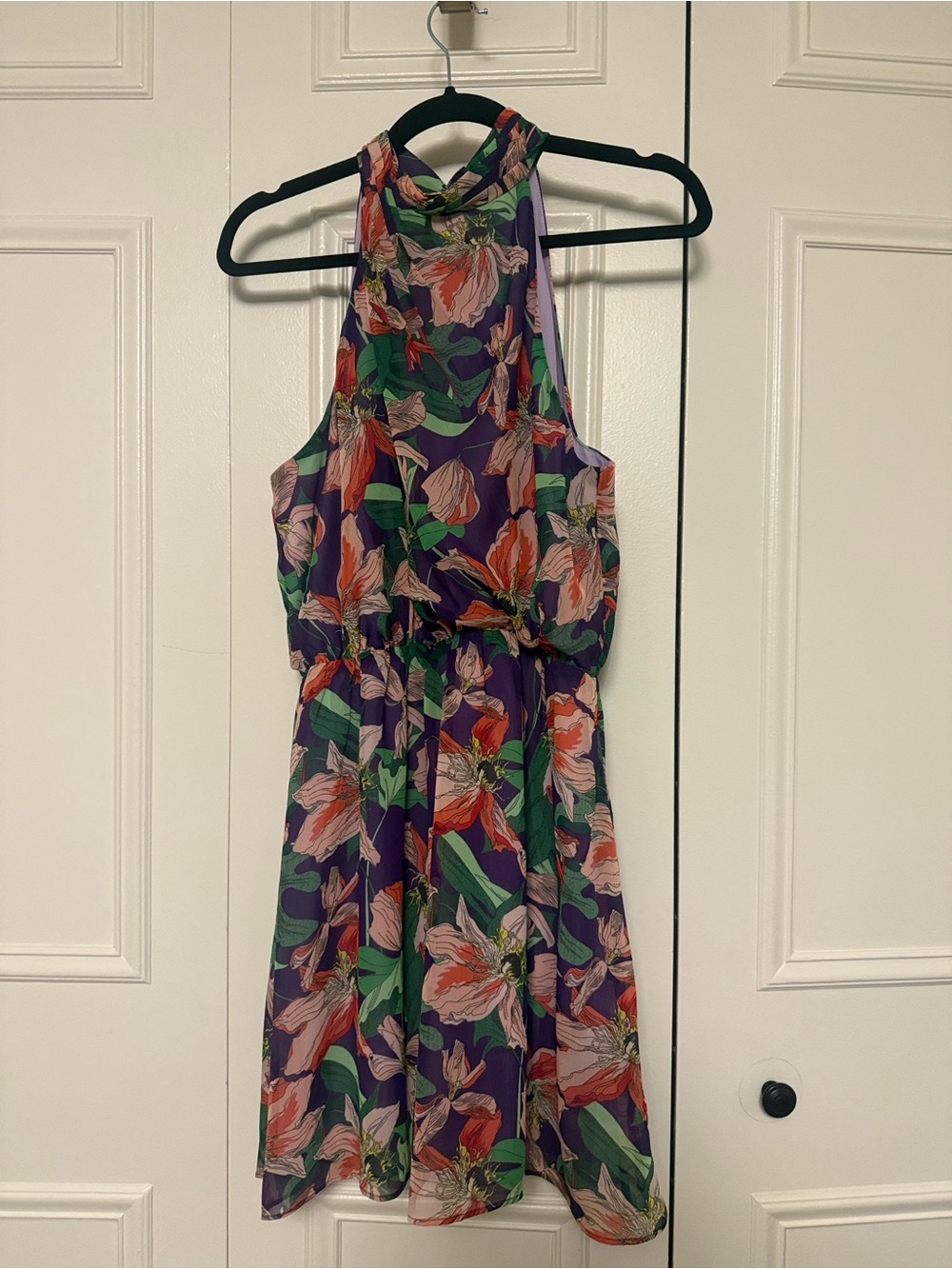 Purple Floral Halter Midi Dress with Green Leaves